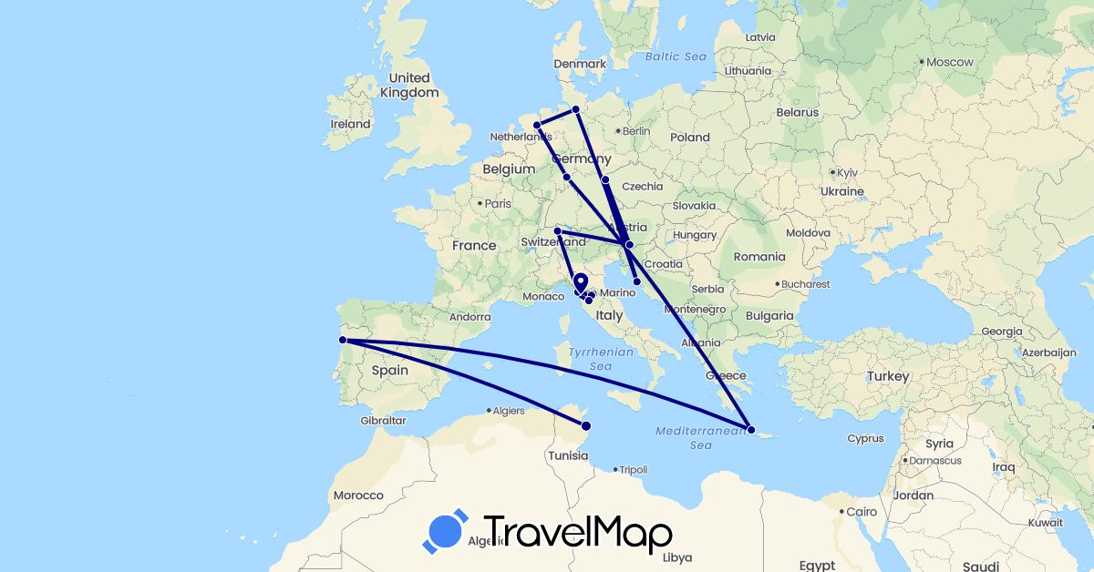 TravelMap itinerary: driving in Austria, Switzerland, Czech Republic, Germany, Greece, Croatia, Italy, Netherlands, Portugal, Tunisia (Africa, Europe)